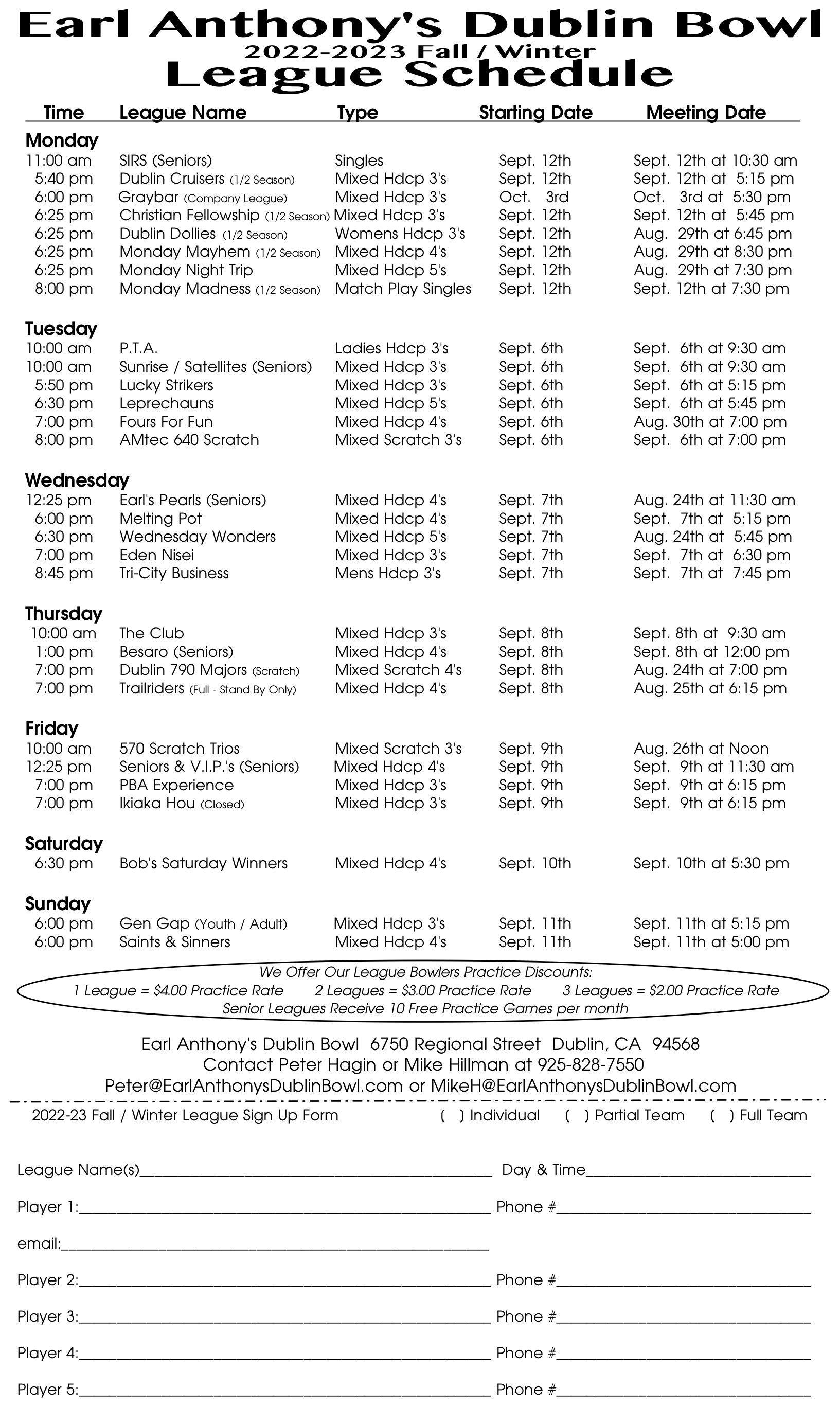League Schedules | Earl Anthony's Dublin Bowl | CA, 94568